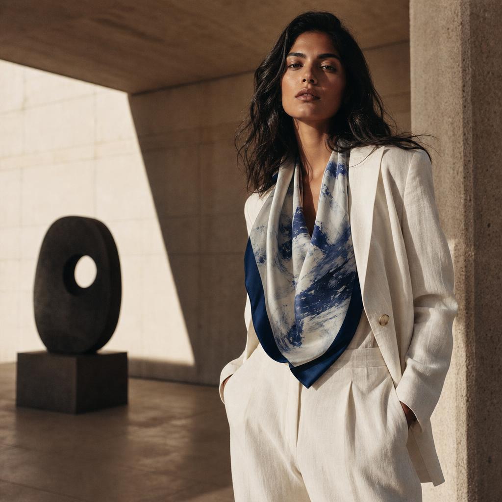 Woman in an ivory suit and blue scarf in a sunlit gallery
