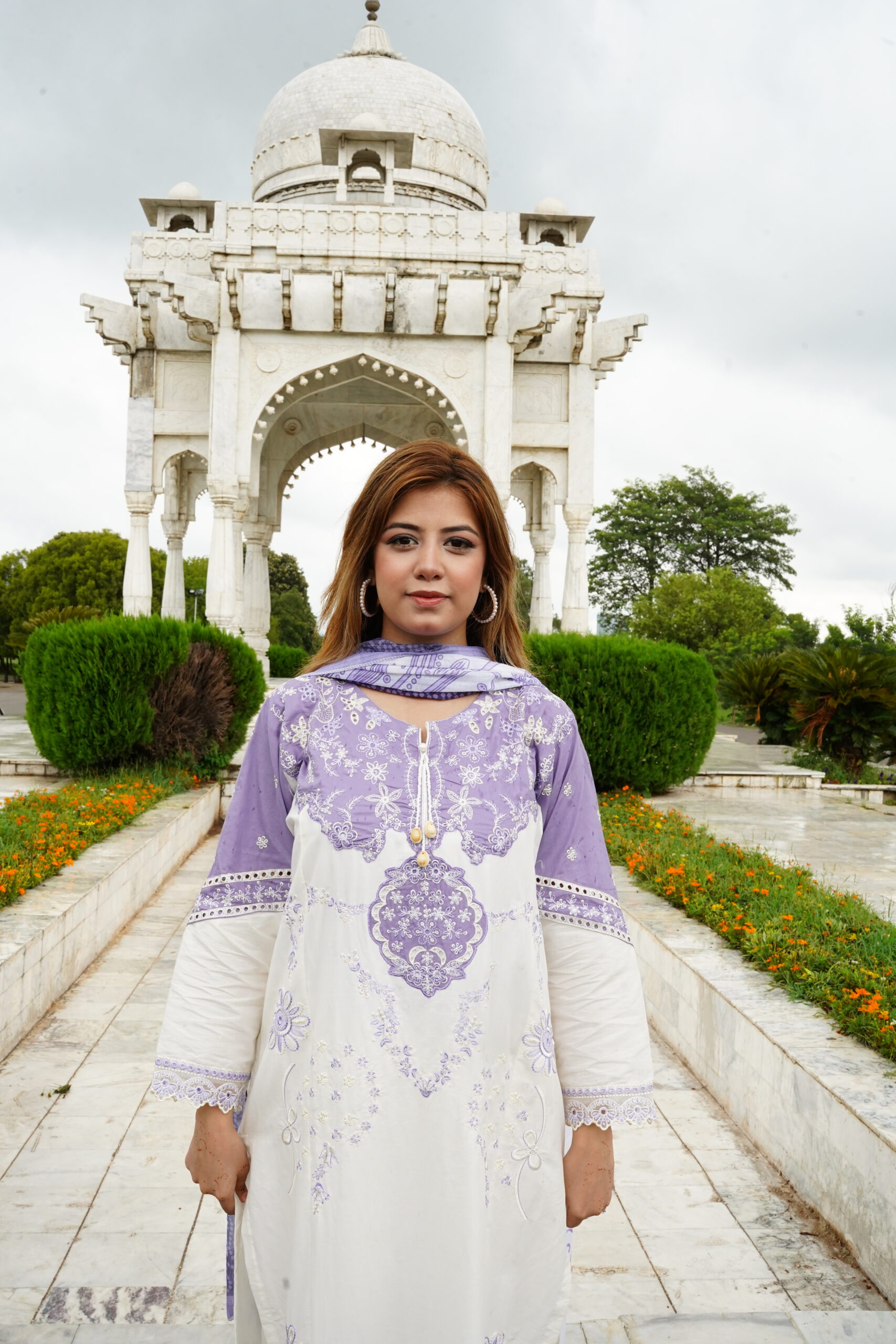 White & Lavender Embroidered Lawn Suit