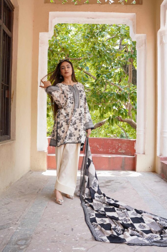 Black & Cream Printed Lawn Suit