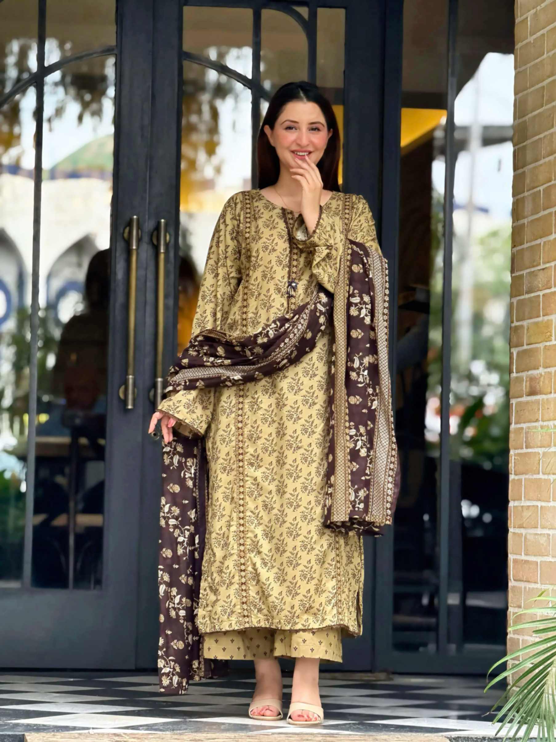 Beige Brown Printed Lawn Suit